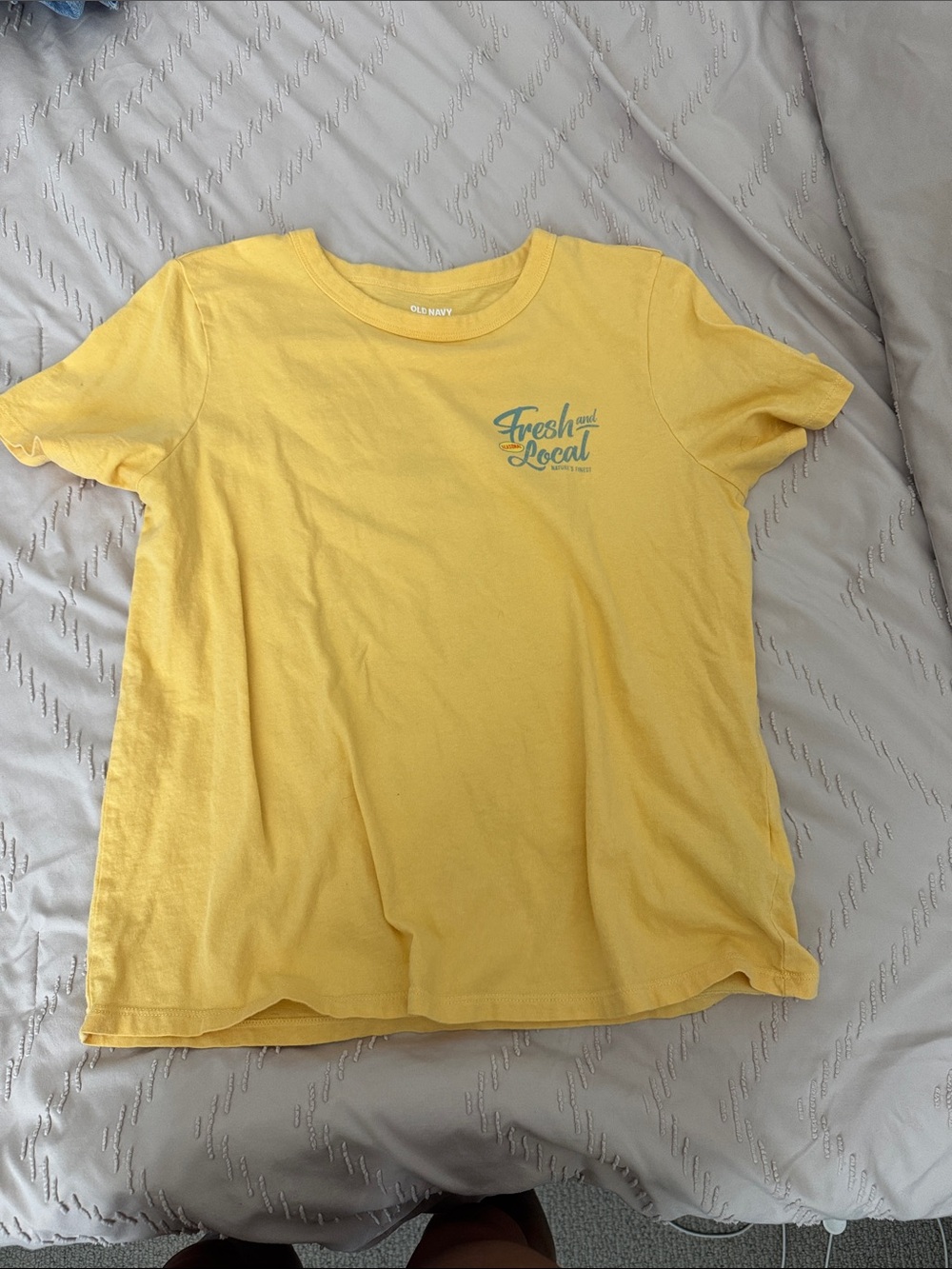 Old Navy Yellow Short-Sleeve Tee with Teal 'Fresh and Local' Graphic